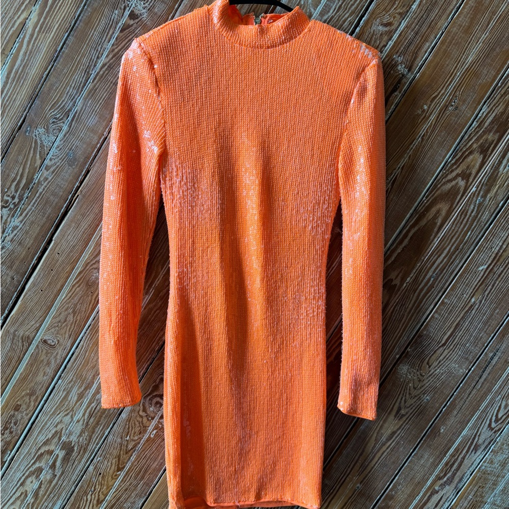 Orange Sequin Long Sleeve Dress